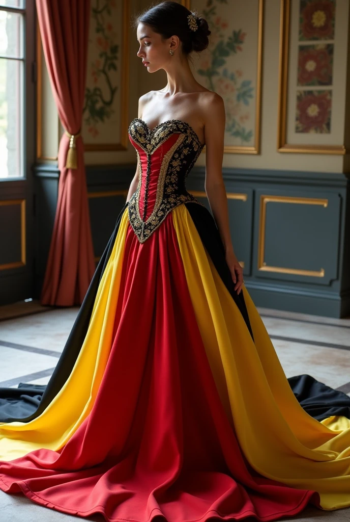 make a short dress with a train, com corset, in the colors of the Belgian flag 
