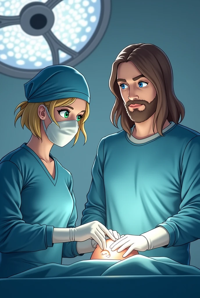 generates an animated image, the context is in an operating room, operating on a patient.  where two people are. The first is the FEMALE surgeon who physically has green eyes and wears a blue surgical cap., short blonde hair, with biosecurity masks , in her gaze she looks confident. The second person is God (Catholic) accompanying her who has a beard and brown hair, shoulder length hair, blue eyes with a protective look, dressed in white tunic