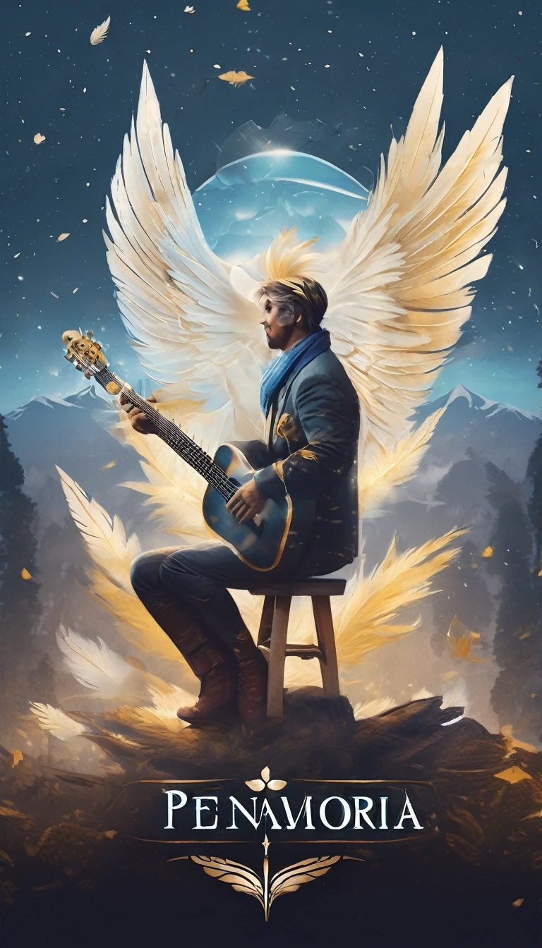 Create a cinematic, abstract symbol for a storytelling production brand based on stories and dreams called " Penamemoria". The logo should convey a fantasy theme and include the company of a boy and a feather. Fantastic, memorable, poetic, dreamy, sitting against a tree and playing guitar to a fantastic, unique, poetic white-blue-golden feather.