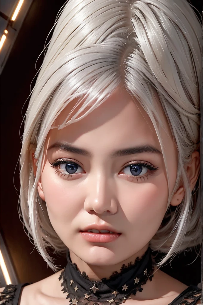 1girl, star eye, blush, perfect illumination, white hair, black eyes, unreal engine, sidelighting, detailed face, bangs, bright skin, simple background, dark background, 