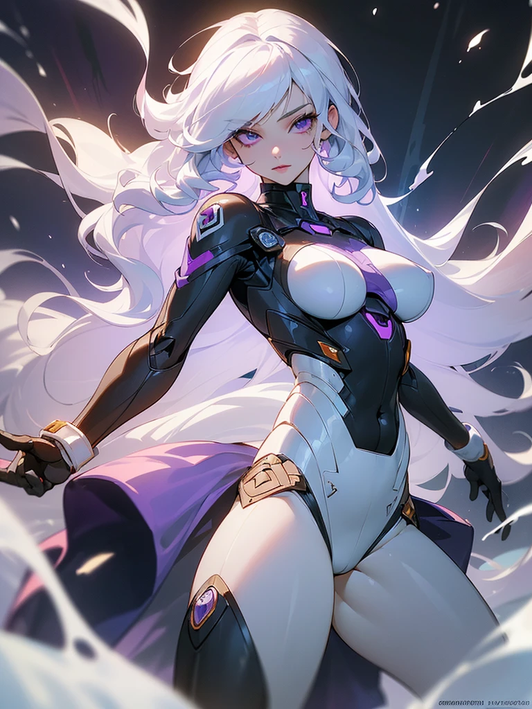 ((ultra quality)), ((masterpiece)), ((Water, fire, air, land)), ((Four elements)), ((Right hand with Fire)), ((sensual)), ((Angelic beauty woman)), ((long white curly hair)), ((White hair)), ((White hair)), ((curly hair)),  (beautiful face), (beautiful female lips), Enchanting ((Seductive facial expression)), looks at the camera with a slight smile, (White skin color), (White skin), glow on the body, ((detailed eyes)), ((violet eyes)), (juicy female lips), (dark eyeliner), (beautiful female hands), ((thick body)), ideal female body, ((combat suit)), beautiful waist, beautiful big hips, big breasts, thick thighs, ((threatening and beautiful)) (), ((depth of field)), ((high quality clear image)), (delete details), ((High detail)), ((clear focus))