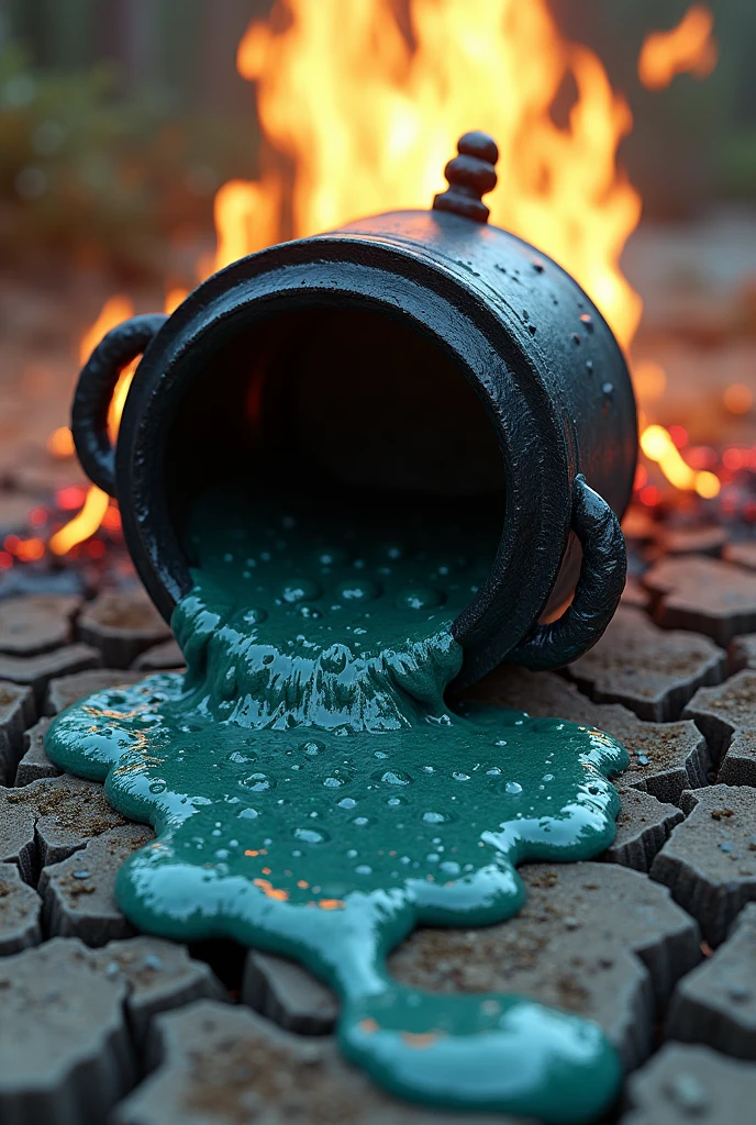 A fallen cauldron, pouring the bubbling liquid onto the floor, filling pores that appear in the earth, with the fire crediting behind