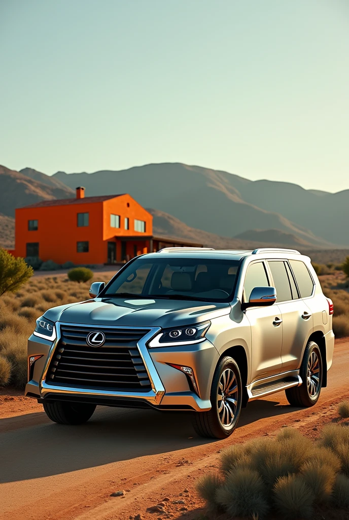 A silver 2008 Lexus Lx 570 on a drug dealer's ranch with a large orange house