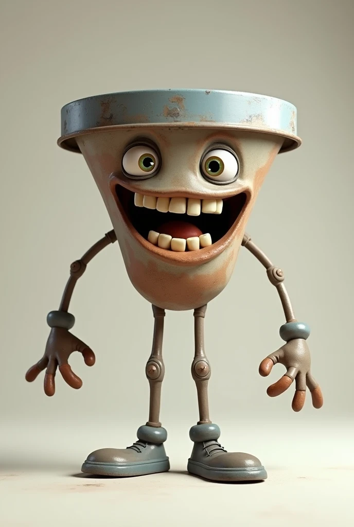 I need to create a funnel that looks real, now add a face and a smile but in the teeth part it doesn't have 2 teeth, now put hands and feet but the funnel looks annoying