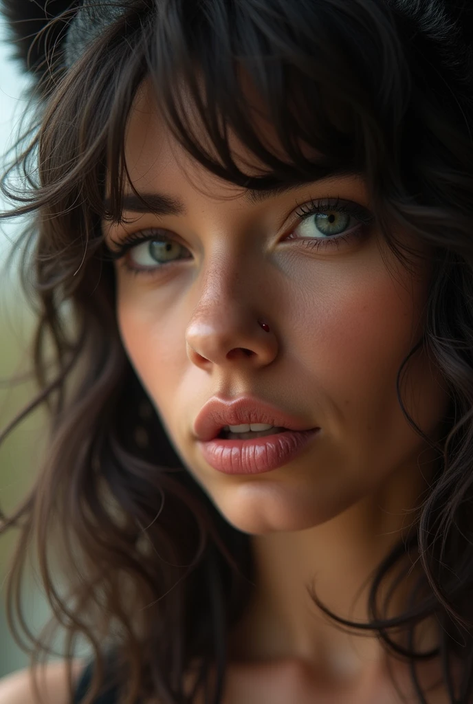 Furry woman close up looking you in the eyes giving you a blowjob