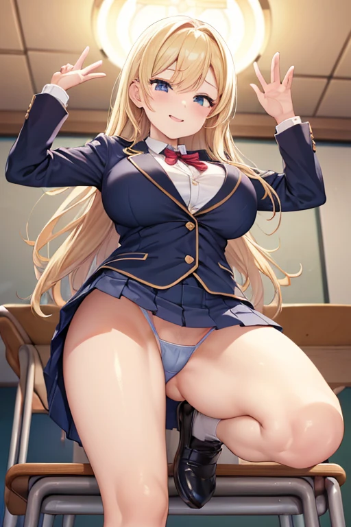 (((stand with feet apart、Shooting from below))、(((Accentuate the crotch)))、Highest quality, 8k, masterpiece :1.3)), whole body, Sharp focus :One Girl,Glowing Skin,SSexy pose,Highest quality,Tabletop,shape,Very delicate and beautiful,Hmph,8k壁紙,wonderful,In detail,Official Art,Very detailedなティッカーUnity 8k壁紙,Incredibly ridiculous,Large file size,Very detailedな,High resolution,Very detailed,Beautiful detailed girl,Realistic,X-ray,The queue is full,(((Uniform Blazer、mini skirt)))、(((Big Breasts、blonde)))、(((School、classroom)))、Stand upright、Cleavage , ((Long golden hair))、Uniform Blazer、Sexy pose、Hairstyle: Long Hair、both hands、Purple panties