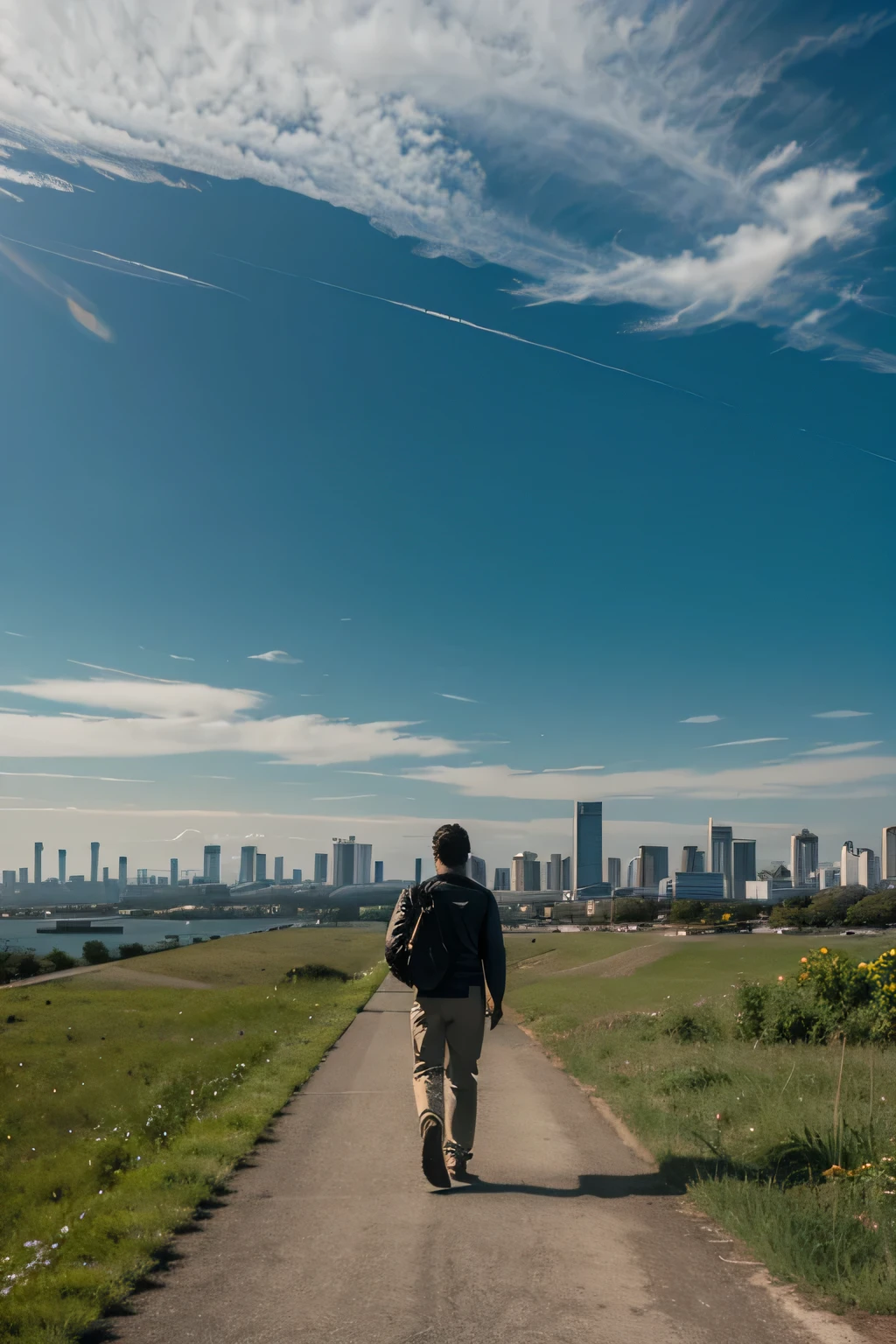 man walking towards an uncertain horizon, as the city spreads out behind him. Panoramic panel image