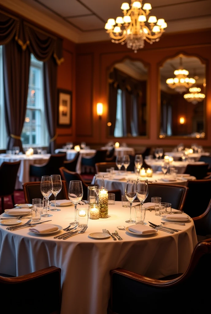 "An elegant, high-end restaurant with an ambiance of timeless sophistication. The dining area is spacious, with round tables draped in crisp white linens, each set with fine china, sparkling glassware, and polished silverware. Soft, ambient lighting from chandeliers and wall sconces creates a warm, intimate atmosphere, perfect for a romantic evening or a special occasion. The walls are a deep, rich color, adorned with tasteful artwork and large mirrors that reflect the soft glow of the candles placed on each table. In the background, soft jazz music plays, adding to the refined atmosphere. The large windows are dressed with heavy drapes that frame a view of the city lights twinkling outside. The air is filled with the rich aromas of gourmet dishes being expertly prepared in the kitchen."