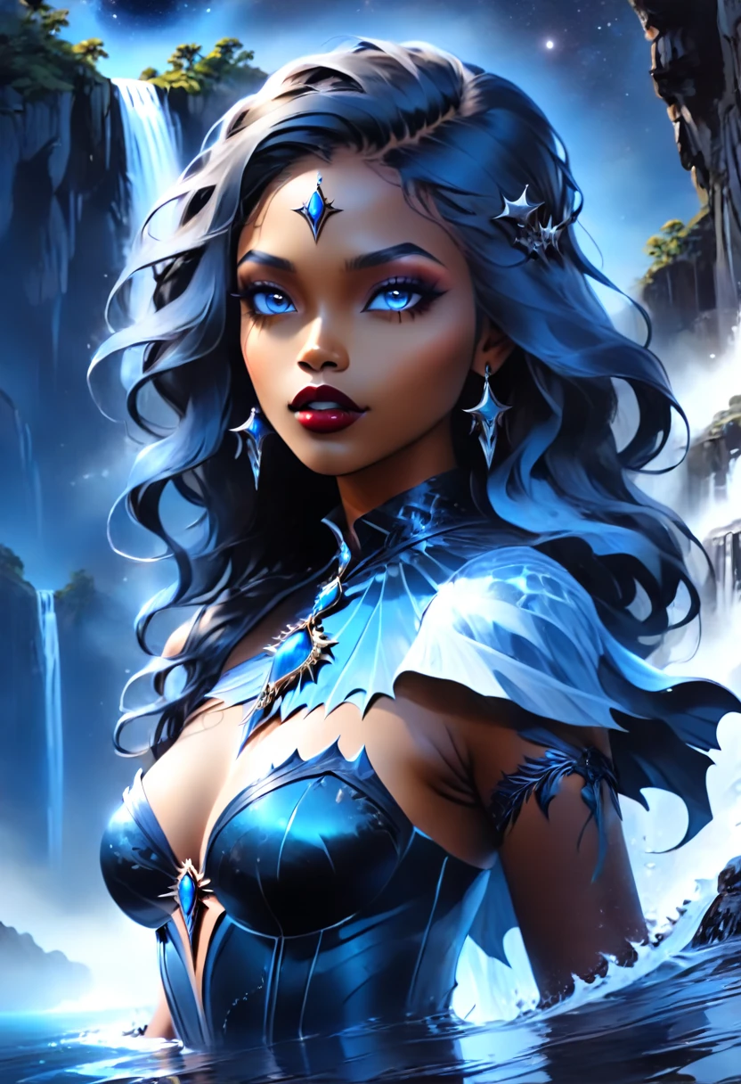 a facial portrait picture of an exquisite beautiful female African vampire standing under the starry night sky at the base of the waterfall, dynamic angle (ultra detailed, Masterpiece, best quality), ultra feminine, (black skin: 1.3), dynamic hair color, wavy hair, dynamic eyes color, cold eyes, glowing eyes, intense eyes, dark red lips, wearing white dress (ultra detailed, Masterpiece, best quality), wearing blue cloak (ultra detailed, Masterpiece, best quality), long cloak, flowing cloak (ultra detailed, Masterpiece, best quality), wearing high heeled boots, water coming down from a mountain, multi level water falls, several pools created in different levels, forming new waterfalls, water cascading into a pool steam rising, clear water in many hues of blue and azure falling, ultra best realistic, best details, best quality, 16k, [ultra detailed], masterpiece, best quality, (extremely detailed), ultra wide shot, photorealism, depth of field, hyper realistic painting, sky full of stars background, moon, bats flying about, high details, best quality, 8k, [ultra detailed], masterpiece, best quality, (ultra detailed), full body, ultra wide shot, photorealism, dark fantasy art, dark fantasy art, gothic art, many stars, dark fantasy art, gothic art, sense of dread, vampyfangs1