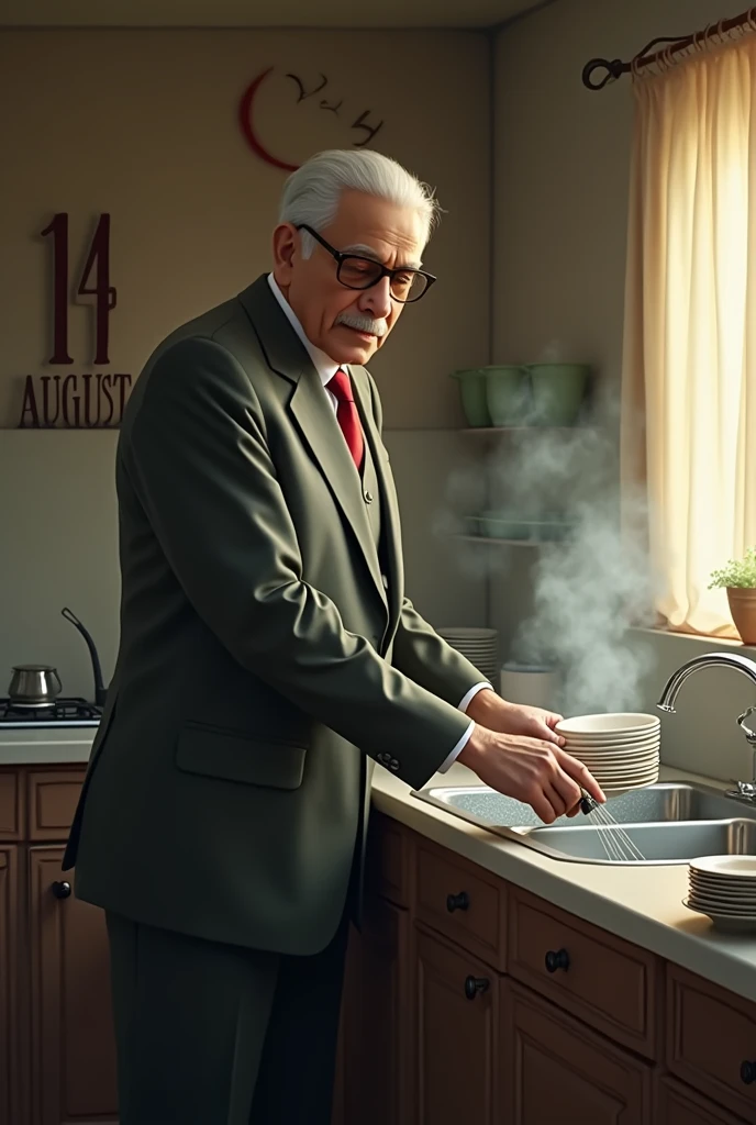 Quaid e Azam washing dishes in kitchen 
On 14 august 
