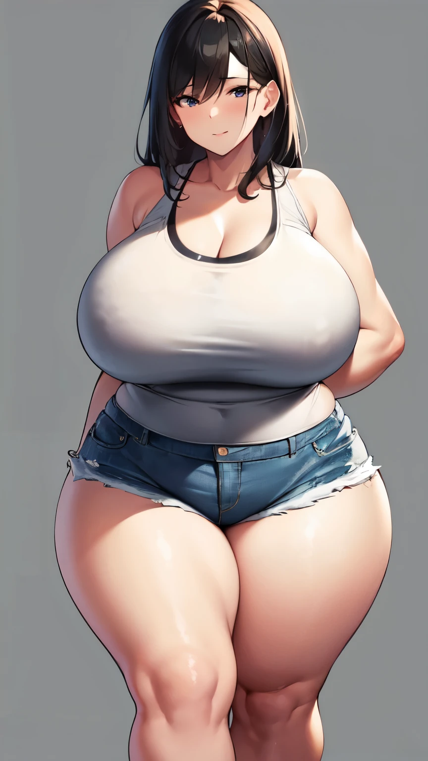 Huge breasts, Big Hips, Tank top, Denim shorts, Full Body Shot, Mature mother, Whipping the lower body, Plump thighs, Calf, Seductive mature woman, Perfect body, Plus Size Model,