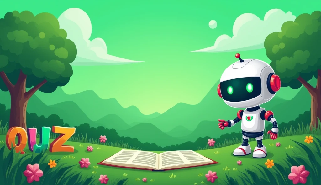 design a poster of green colour for quiz in landscape for quiz with elements of computer being used by a cute robot, numbers, alphabets, riddles,