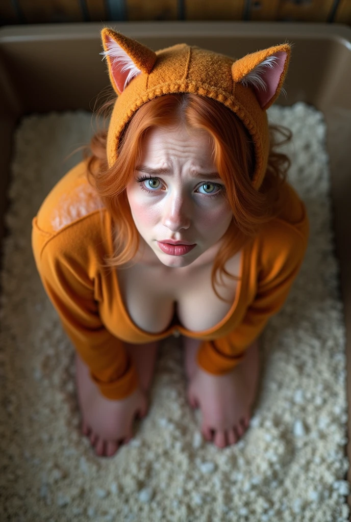 A worried looking ginger woman kneeling in a large litter box fillwd with white gravel dressed in a realistic cat costume looking up at the viewer. Shot from above. Cleavage