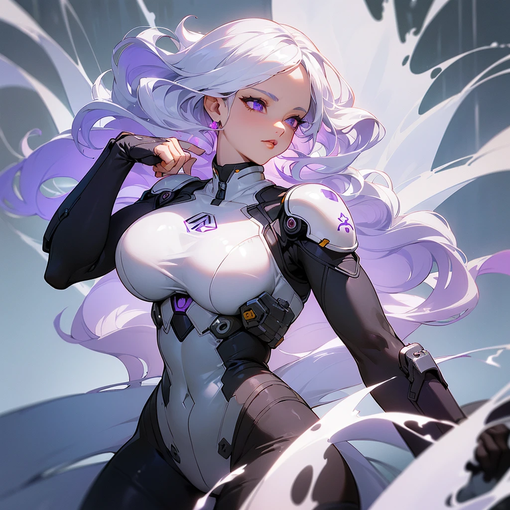 ((ultra quality)), ((masterpiece)), ((Water, fire, air, land)), ((Four elements)), ((Right hand with Fire)), ((sensual)), ((Angelic beauty woman)), ((long white curly hair)), ((White hair)), ((White hair)), ((curly hair)),  (beautiful face), (beautiful female lips), Enchanting ((Seductive facial expression)), looks at the camera with a slight smile, (White skin color), (White skin), glow on the body, ((detailed eyes)), ((violet eyes)), (juicy female lips), (dark eyeliner), (beautiful female hands), ((thick body)), ideal female body, ((combat suit)), beautiful waist, beautiful big hips, big breasts, thick thighs, ((threatening and beautiful)) (), ((depth of field)), ((high quality clear image)), (delete details), ((High detail)), ((clear focus))
