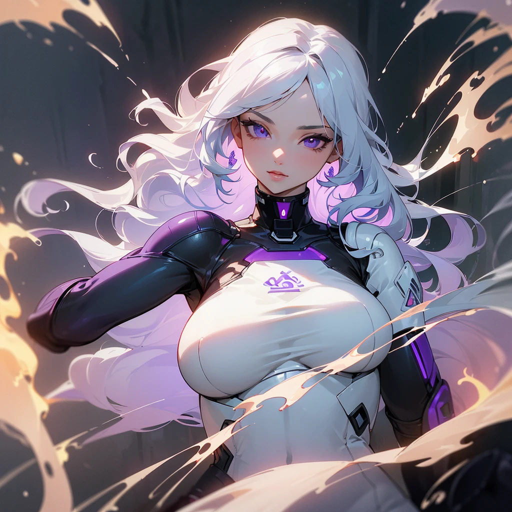 ((ultra quality)), ((masterpiece)), ((Water, fire, air, land)), ((Four elements)), ((Right hand with Fire)), ((sensual)), ((Angelic beauty woman)), ((long white curly hair)), ((White hair)), ((White hair)), ((curly hair)), (beautiful face), (beautiful female lips), Enchanting ((Seductive facial expression)), looks at the camera with a slight smile, (White skin color), (White skin), glow on the body, ((detailed eyes)), ((violet eyes)), (juicy female lips), (dark eyeliner), (beautiful female hands), ((thick body)), ideal female body, ((combat suit)), beautiful waist, beautiful big hips, big breasts, thick thighs, ((threatening and beautiful)) (), ((depth of field)), ((high quality clear image)), (delete details), ((High detail)), ((clear focus))