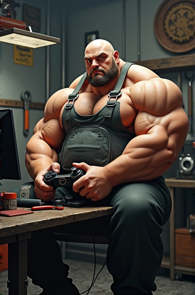 Fat muscular mechanic gamer without beard