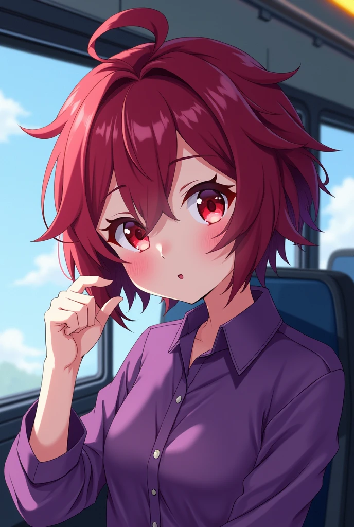 short hair, anime, messy hair, ahoge, reddish wine eyes, reddish wine hair, hololive, purple clothes, bus, jthan67, 