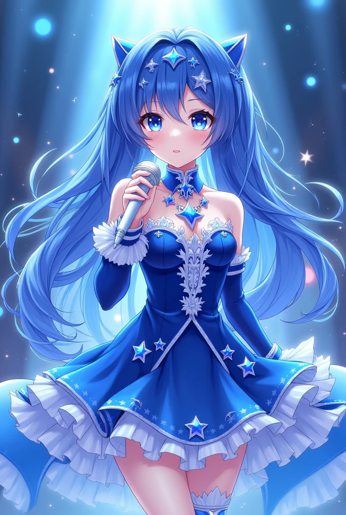  anime idol with royal blue hair a little dark vibrant with white highlights.
skin fair.
royal blue eyes.
royal blue outfit with white and silver stars white idol microphone.
vocaloid sekai
