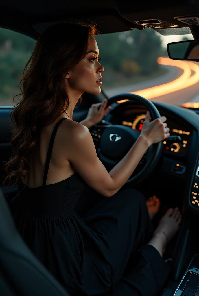 A brunette woman in a black dress, long and loose hair, driving a sports car. Rear seat view, focusing on your hands on the steering wheel and bare feet on the pedals. Natural night lighting, cinematic style.