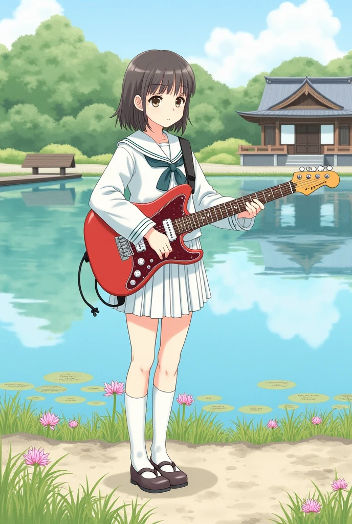 Traditional Japanese illustration of a girl dressed as a schoolgirl at a lake with a Jazzmaster guitar