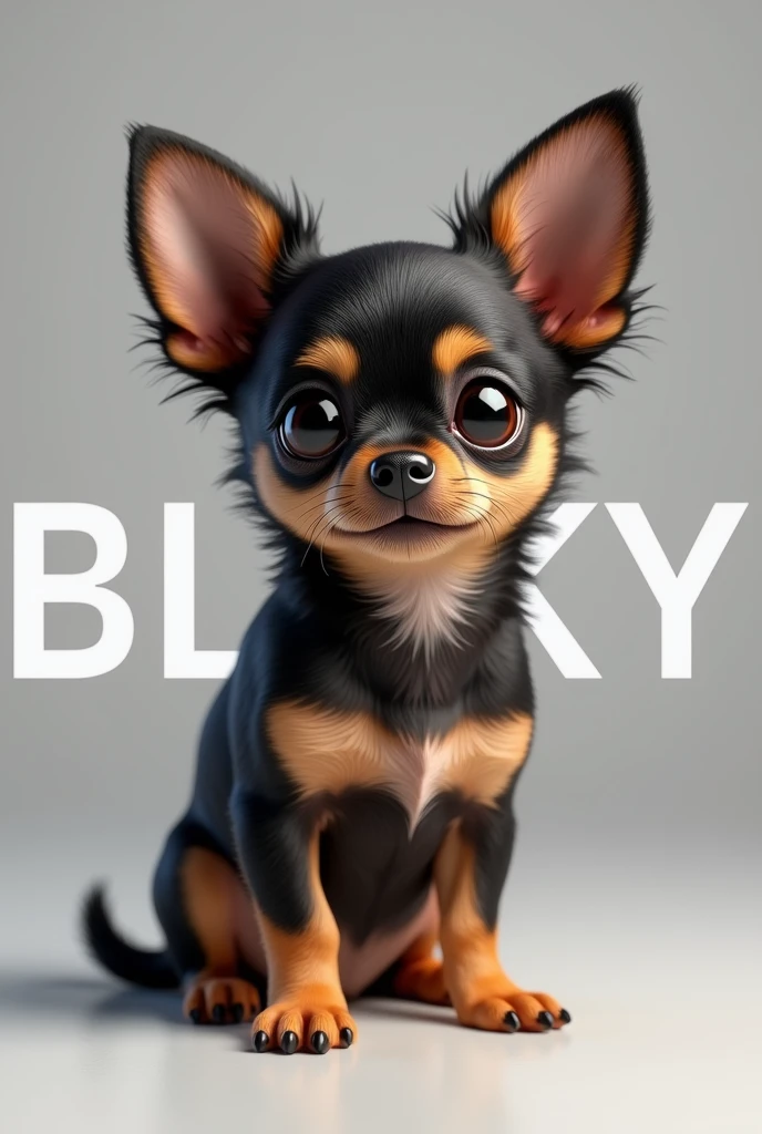 Chihuahua brown and black dog whit text say blacky realistic photo