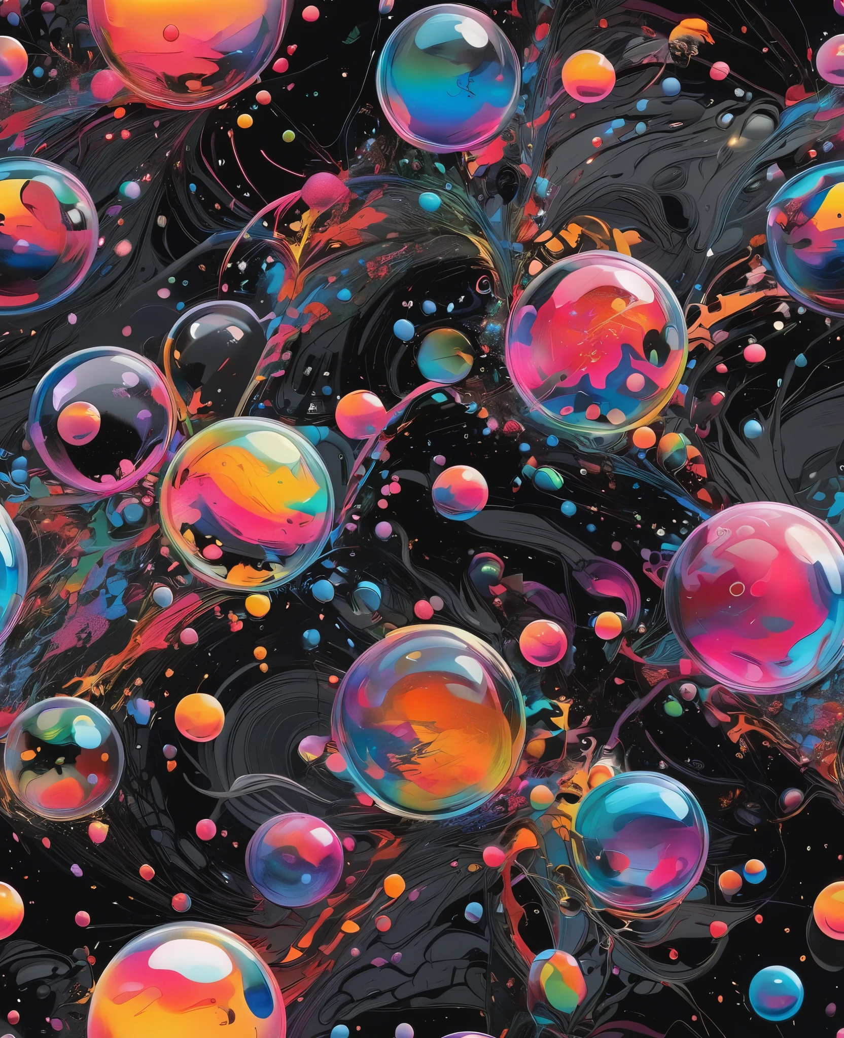"An ultra-intricate 8K masterpiece inspired by Petra Cortright's graffiti and scribble style, featuring vibrant, holographic bubbles and swirling abstract patterns. The design is a professional, highly detailed representation set against a deep charcoal background, making the iridescent colors of the bubbles and dynamic patterns stand out. This composition merges elements of comics and contemporary art, showcasing an official artwork with exceptional quality and artistic brilliance. Each bubble is meticulously crafted, reflecting light and color with stunning realism, creating a visually captivating and dynamic piece."