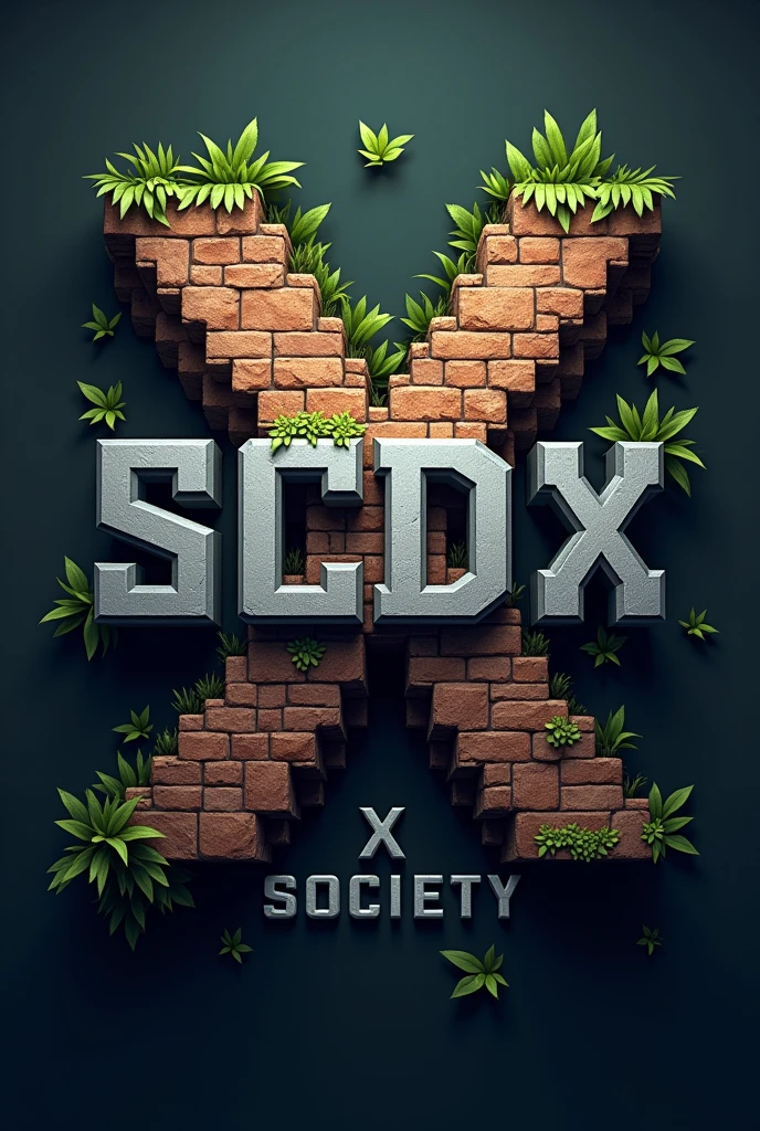 Generate an image with the following: "SCDX" in large and "X SOCIETY" Minecraft themed miniature
