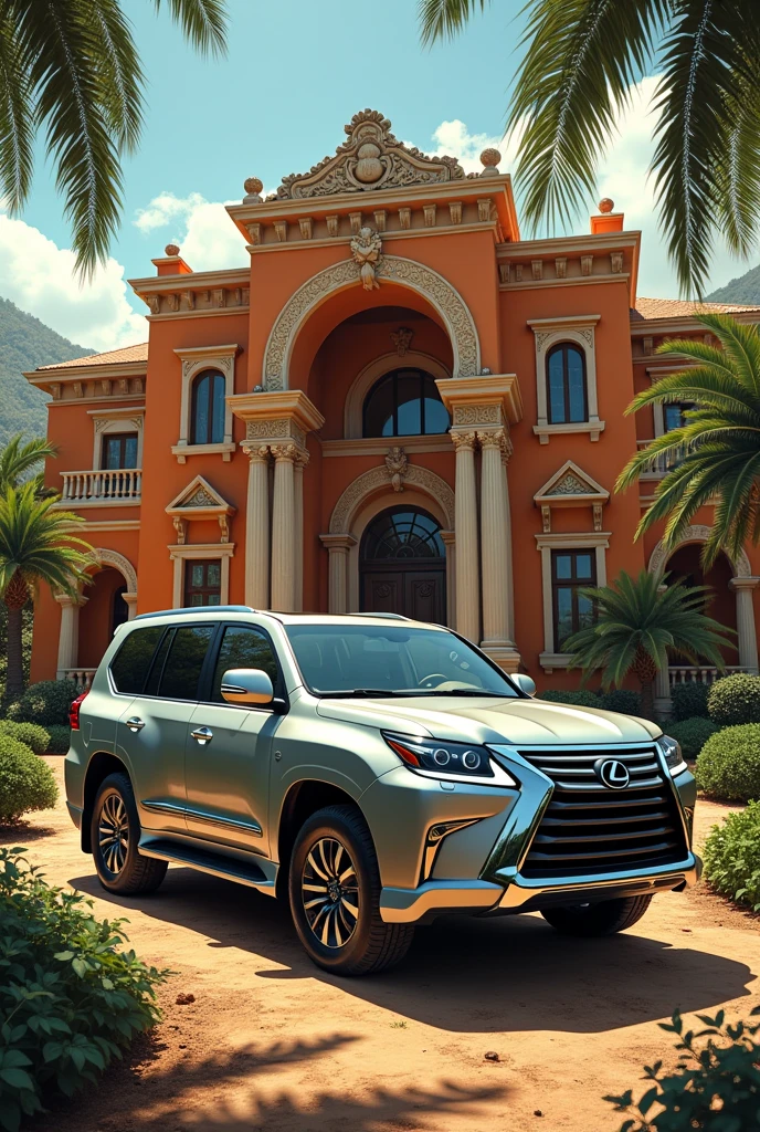 A silver 2007 Lexus Lx 570 on a drug ranch with a large orange mafia house with bodyguards
 