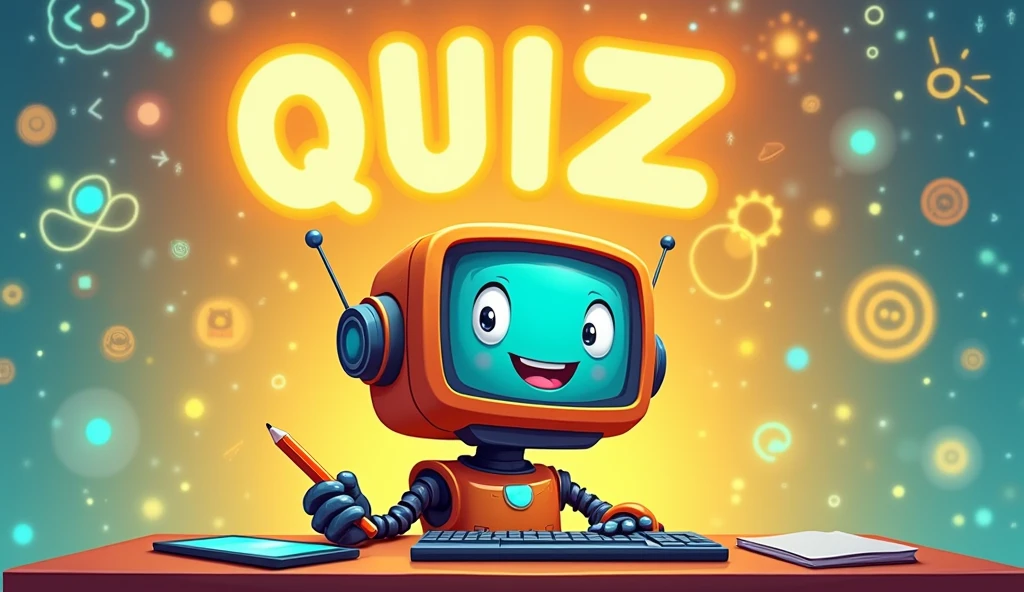 The image depicts a friendly and colorful cartoon robot sitting at a desk. The robot has a retro-styled monitor as its head, with large, expressive eyes and a cheerful smile. It is holding a pencil in one hand, ready to take notes or engage in an activity. The robot sits in front of a keyboard and a tablet on the desk, which is surrounded by various digital icons and symbols that seem to float around. The background is vibrant with a gradient of warm colors, transitioning from yellow to blue, filled with abstract shapes, numbers, and technological symbols. Above the robot's head, in large, bold letters, the word "QUIZ" is prominently displayed, glowing brightly and capturing the viewer's attention. The overall atmosphere is playful and educational, suggesting that the robot is ready to guide you through a fun and interactive quiz.