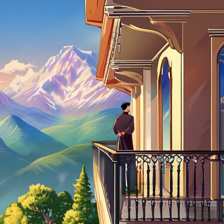 there is a man standing on a balcony with a mountain in the background, with mountains in the background, hills in the background, with mountains in background, standing in front of a mountain, moutain in background, amidst nature, with mountains as background, mountain in the background, with a castle in the background, in a scenic background, in mountains