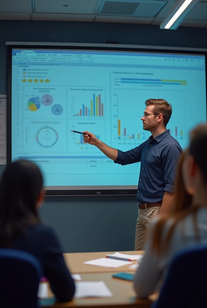 best quality, masterpiece, 4k resolution, teacher holding a pen pointing at a dashboard with some graphs while teaching his students