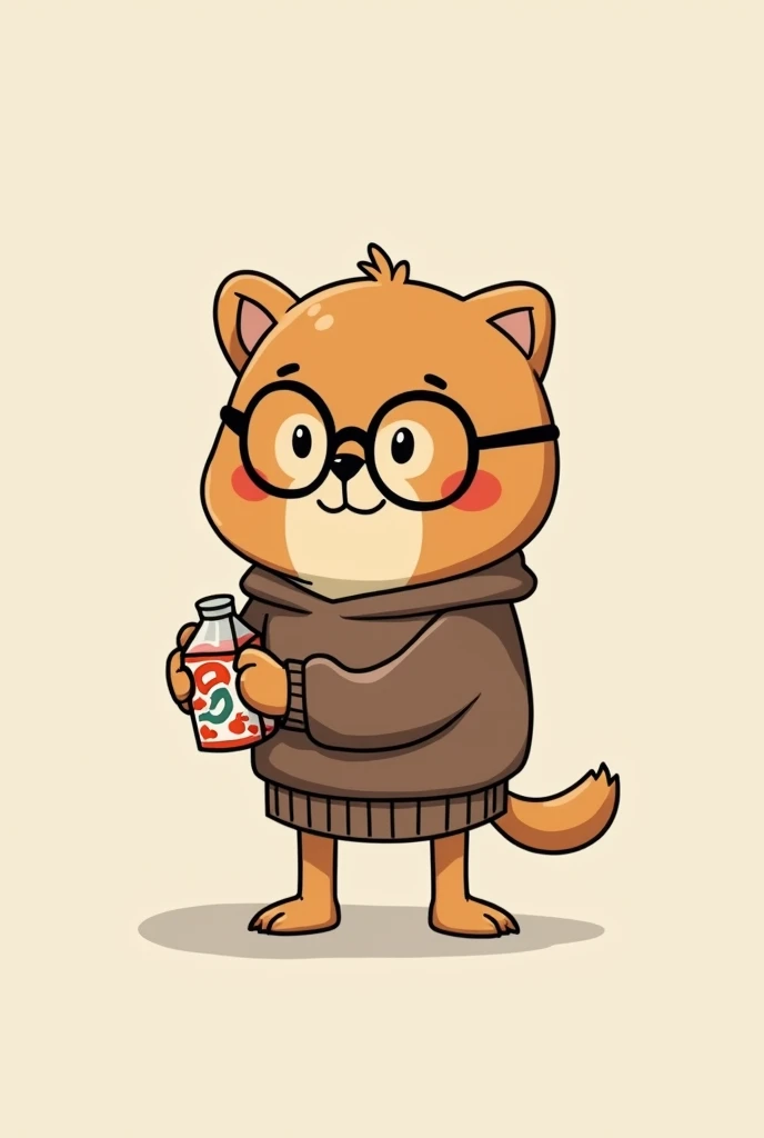 A wojak who is carrying a juice box and who has glasses and is wearing a brown sweatshirt 