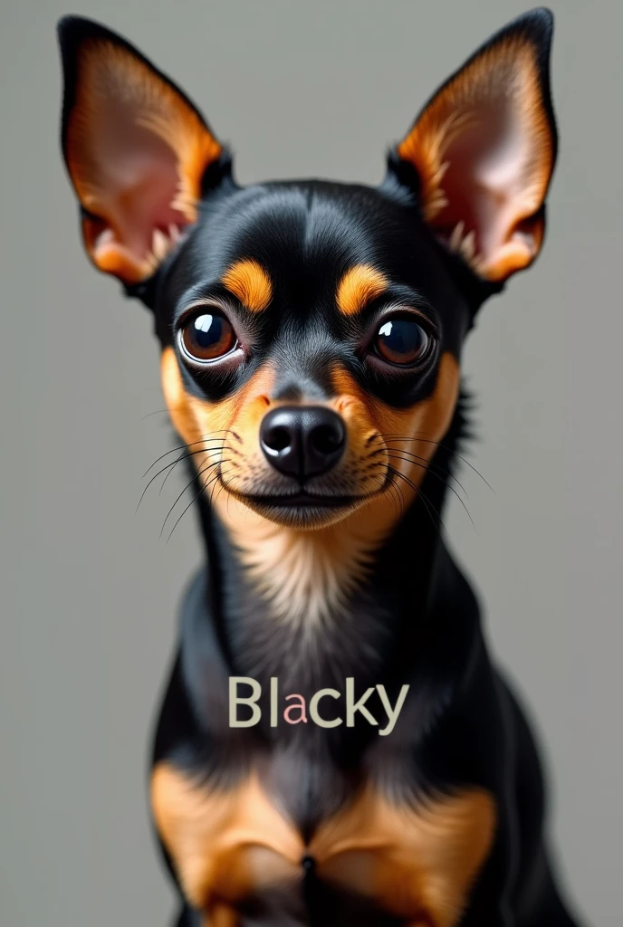 Chihuahua brown and black dog whit text say blacky realistic photo