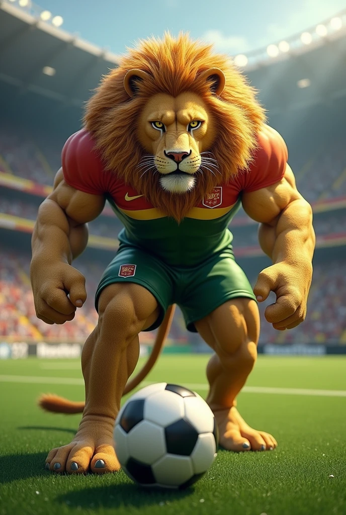 Create a muscular lion playing soccer. The lion should have a strong, athletic appearance, with well-defined muscles. He must be wearing a football uniform in green, red and yellow. The pose must be standing forward with the ball at the foot. The background should be a detailed football field, with an intense game atmosphere