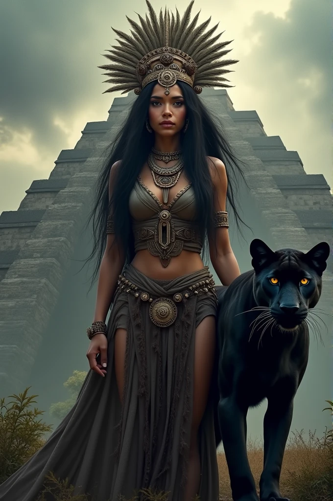 Woman with long black hair, with indigenous Aztec features, Aztec pyramids in the background, next to her a black jaguar