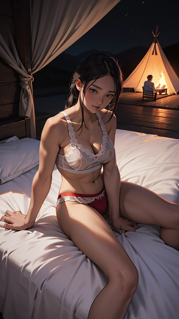 A couple is romancing on the bed outside a camp on the mountain The woman is wearing red transparent underwear and has large hips It is night A fire is burning