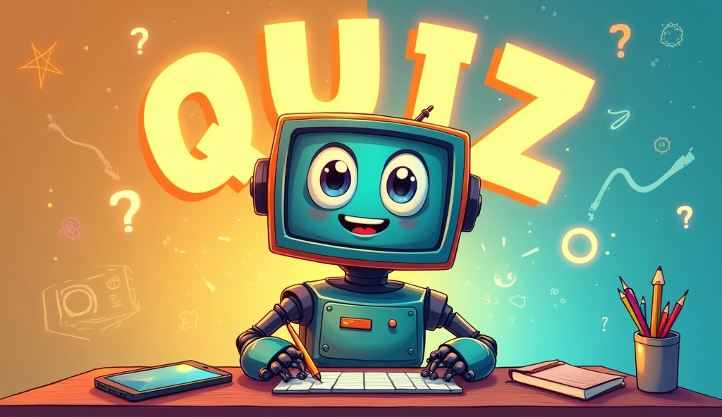 The image depicts a friendly and colorful cartoon robot sitting at a desk. The robot has a retro-styled monitor as its head, with large, expressive eyes and a cheerful smile. It is holding a pencil in one hand, ready to take notes or engage in an activity. The robot sits in front of a keyboard and a tablet on the desk, which is surrounded by various digital icons and symbols that seem to float around. The background is vibrant with a gradient of warm colors, transitioning from yellow to blue, filled with abstract shapes, numbers, and technological symbols. Above the robot's head, in large, bold letters, the word "QUIZ" is prominently displayed, glowing brightly and capturing the viewer's attention. The overall atmosphere is playful and educational, suggesting that the robot is ready to guide you through a fun and interactive quiz.