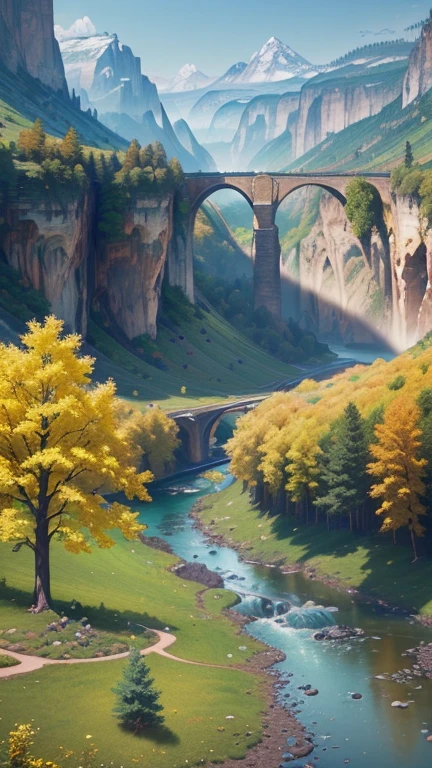 Valley, Mountains, River, forests, fields. (masterpiece, top quality, Best quality, official art, beautiful and aesthetically pleasing:1.2), extremely detailed,(fractal art:1.2),colorful,The most detailed, (Many colors:1.4). ((split. elegance. photorealism. unreal engine. 3D model. Ultra high quality textures. high detail. permission 8k))