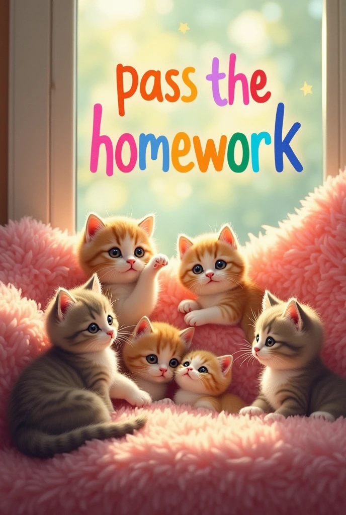 create a picture with hidden effect with the following description Create a picture with several adorable kittens in a cozy environment, like a sofa or a rug. Kittens must be playing or resting, looking cute and happy.
when I close my eyes, The image should change to show the word 'pass the homework' in large, colorful letters, surrounded by stars or a fun background.