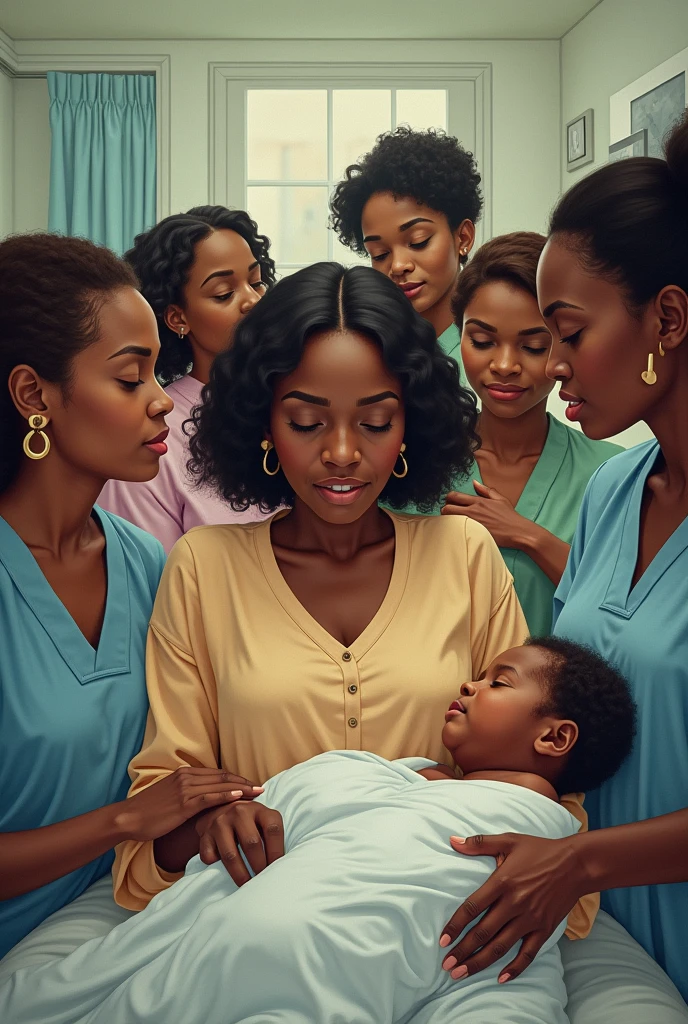 Group of Nigerian women giving birth in the hospital around the early 2000s in a place that looks safe