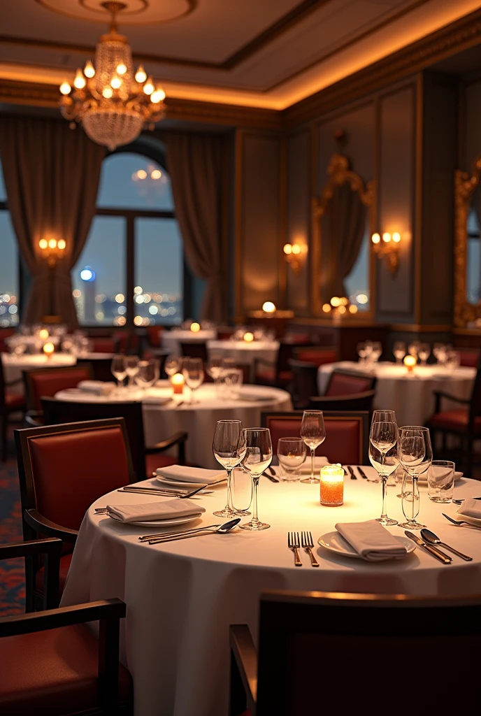 "An elegant, high-end restaurant with an ambiance of timeless sophistication. The dining area is spacious, with round tables draped in crisp white linens, each set with fine china, sparkling glassware, and polished silverware. Soft, ambient lighting from chandeliers and wall sconces creates a warm, intimate atmosphere, perfect for a romantic evening or a special occasion. The walls are a deep, rich color, adorned with tasteful artwork and large mirrors that reflect the soft glow of the candles placed on each table. In the background, soft jazz music plays, adding to the refined atmosphere. The large windows are dressed with heavy drapes that frame a view of the city lights twinkling outside. The air is filled with the rich aromas of gourmet dishes being expertly prepared in the kitchen."