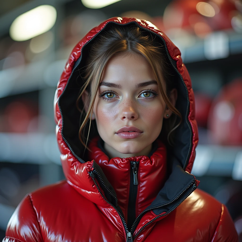  a slim ponytail 16 year old girl,beautiful detailed eyes,beautiful freckles,beautiful detailed lips,extremely detailed eyes and face,longeyelashes,in beautiful detailed hooded  formfitting duvetica overfilled shiny super gleamy super thick glossy fully-unzipped puffer jacket covering her zipped super padded skisuit,latex  stirrup legging,symmetrical,standing in a pufferstore,masterpiece,cinematic,lifelike,hyperrealistic,8k,photorealistic,highly detailed,intricate,exquisite,elegant,beautiful,stunning, full size photo