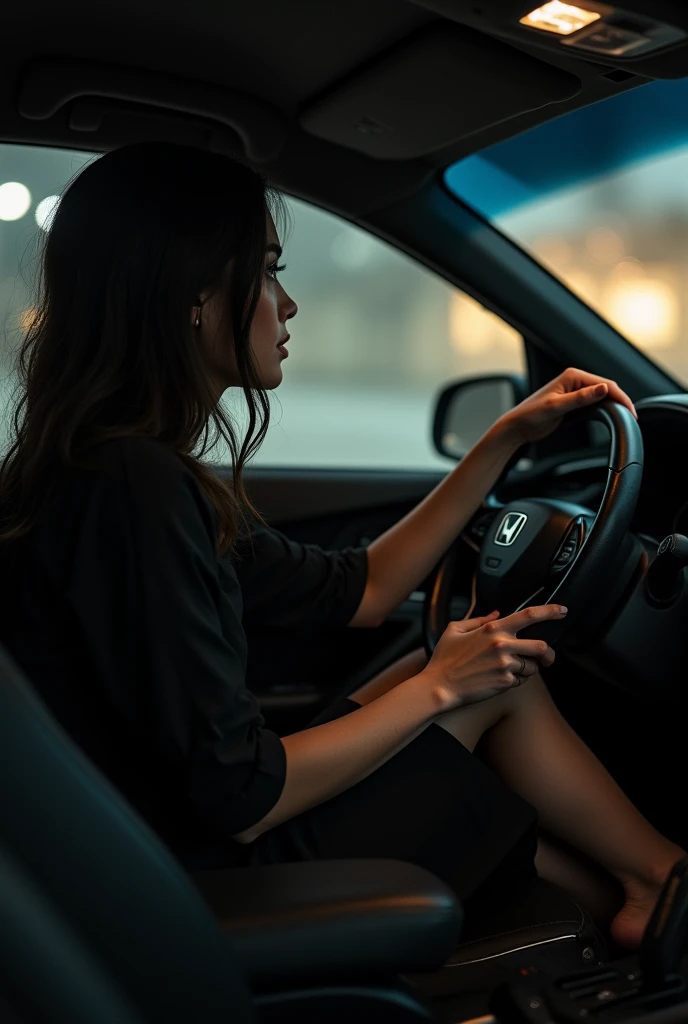 A brunette woman in a black dress, long and loose hair, driving a black honda civic. Rear seat view, focusing on her hands on the steering wheel and bare feet with white nail polish pressing the pedals. night lighting, cinematic style.