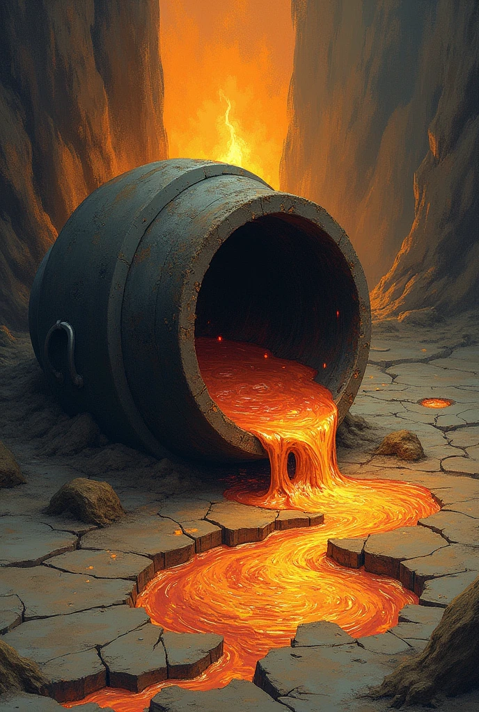 A fallen cauldron, pouring the bubbling liquid onto the floor, filling pores that appear in the earth, with the fire crackling behind . The image should be a little sideways, and it doesn't have to be realistic, I want it to look like an alchemical drawing. The pores are circular. The cauldron is touching the floor and its liquid has a different color. Make a drawing.