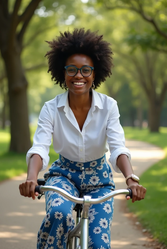 A black Brazilian woman in a park riding a bike, wearing a white shirt and blue floral pants, wearing glasses and holding a book in his hands , showing off your natural charm and outgoing personality