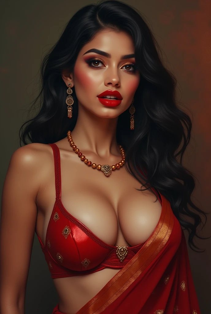 erotic hindu wife super big fake lips red lipstick super big size lips saree with tiny bra super delicious body body curve super white skin big eyes cleavage