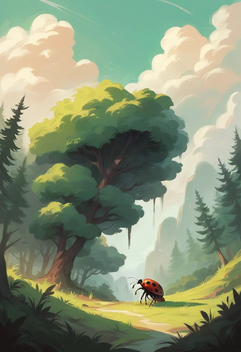 Imagine a ladybug in the forest surrounded by wolves on a cloudy afternoon and an environment about to rain, everything looks dark green