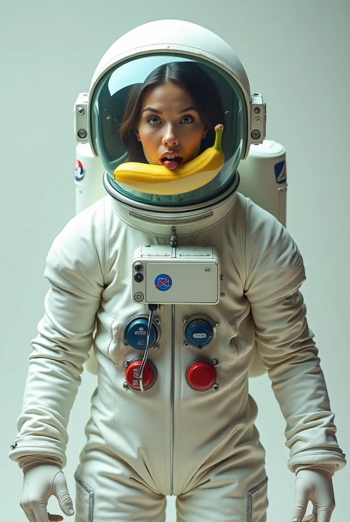 Astronaut outfit with helmet full of water making a tongue out like a dog with a banana in its mouth sexy and a sexy pose