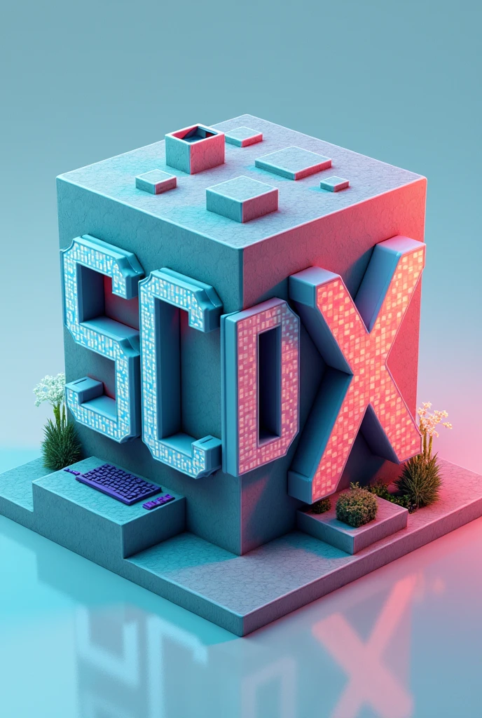 Generate an image with the following: "SCDX" in large and "X SOCIETY" miniature with a Minecraft cube in the background