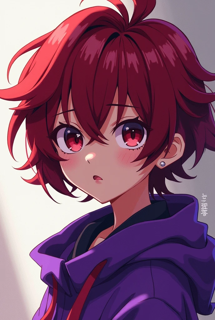 short hair, anime, messy hair, ahoge, reddish wine eyes, reddish wine hair, hololive, purple clothes, jthan67, nude,